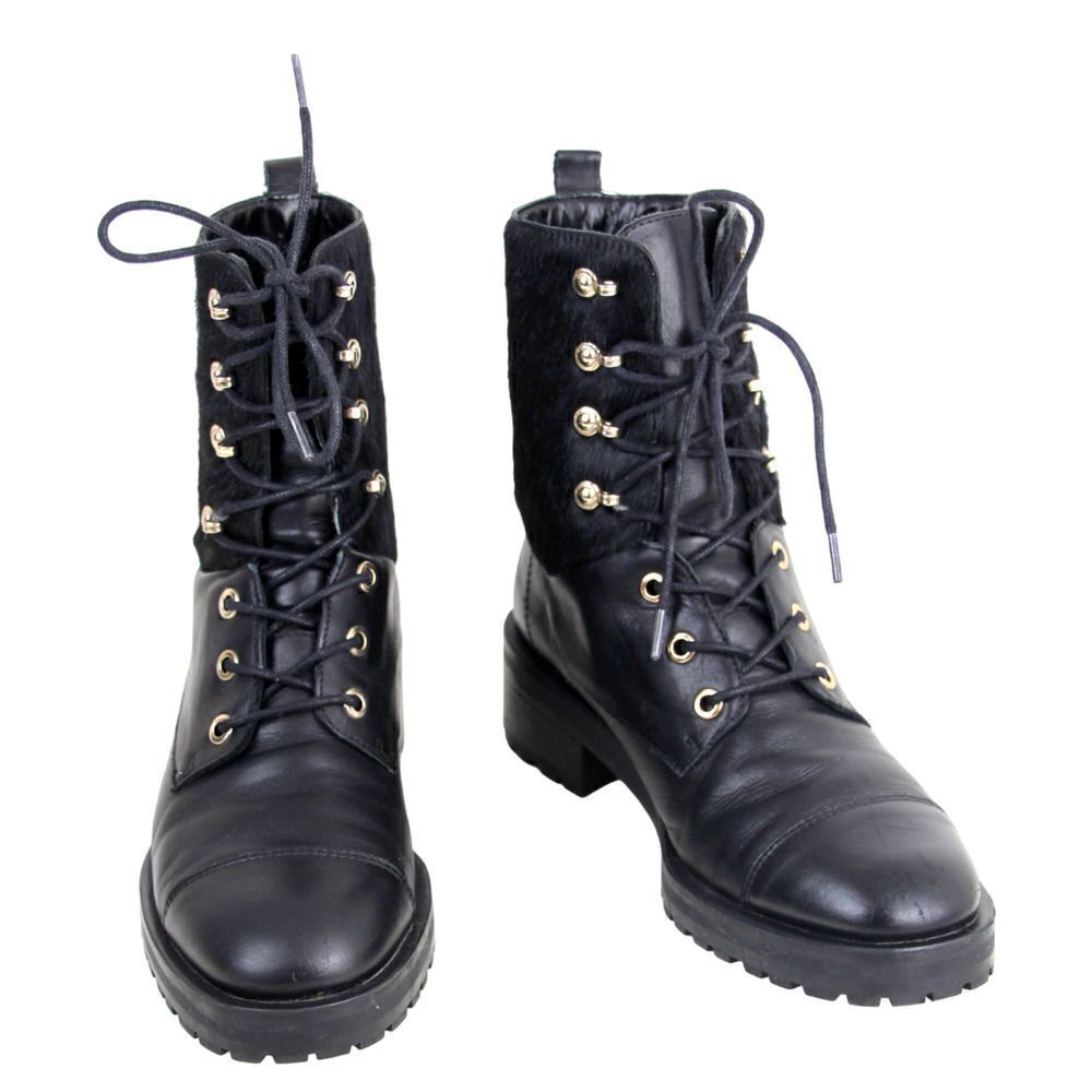 Massimo Dutti BLACK LEATHER PONY HAIR LOW HEEL LACE UP ROUND TOE ANKLE BOOTS 37